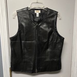 Talbots Genuine 100% Leather Vest Sz 14 Front Dual Zip Lined Black Bikercore